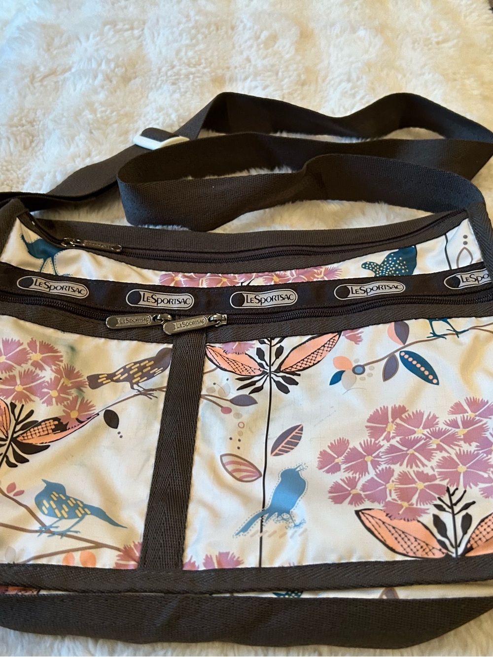 LeSportsac Cream Floral & Teal Bird Crossbody with Brown Trim